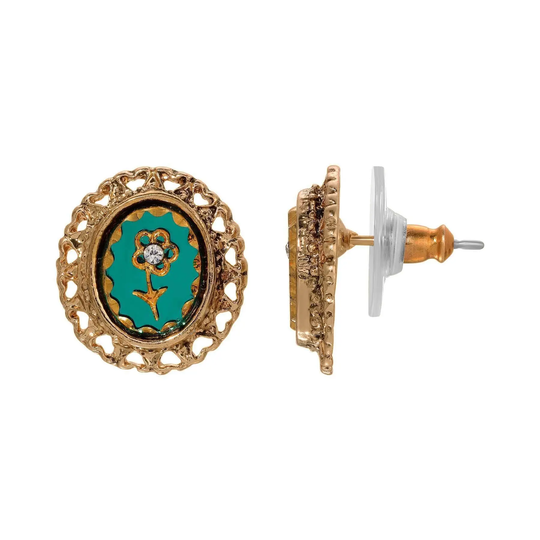 Intaglio Flower Emerald Green Glass Crystal Hearts Stud Earrings