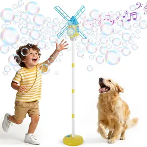 Kids Fun Windmill Bubble Machine, Music & LED Lights, Adjustable Height, Non-Toxic Eco-Friendly Material, Includes 50ML Concentrated Liquid