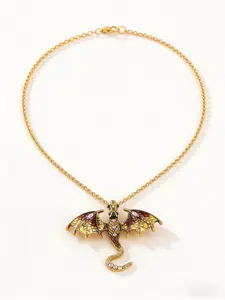 Gold Dragon Pendant Necklace, Fantasy Gothic Enamel Style Jewelry with Enamel Wing & Crystal Inlay Detail, for Women, Cosplay, Party & Daily Occasions, Fashion Pendants