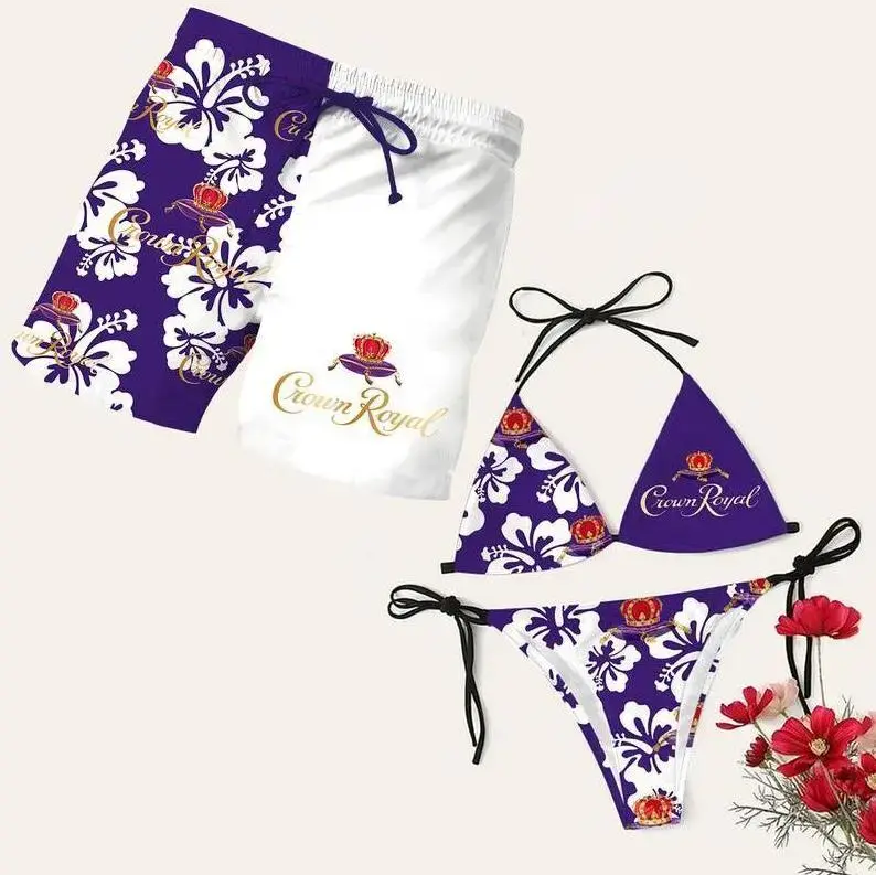 Matching Crown Royal Floral Swimsuits for Couples - Bikini Set & Trunks Shorts, Summer Beachwear Gift