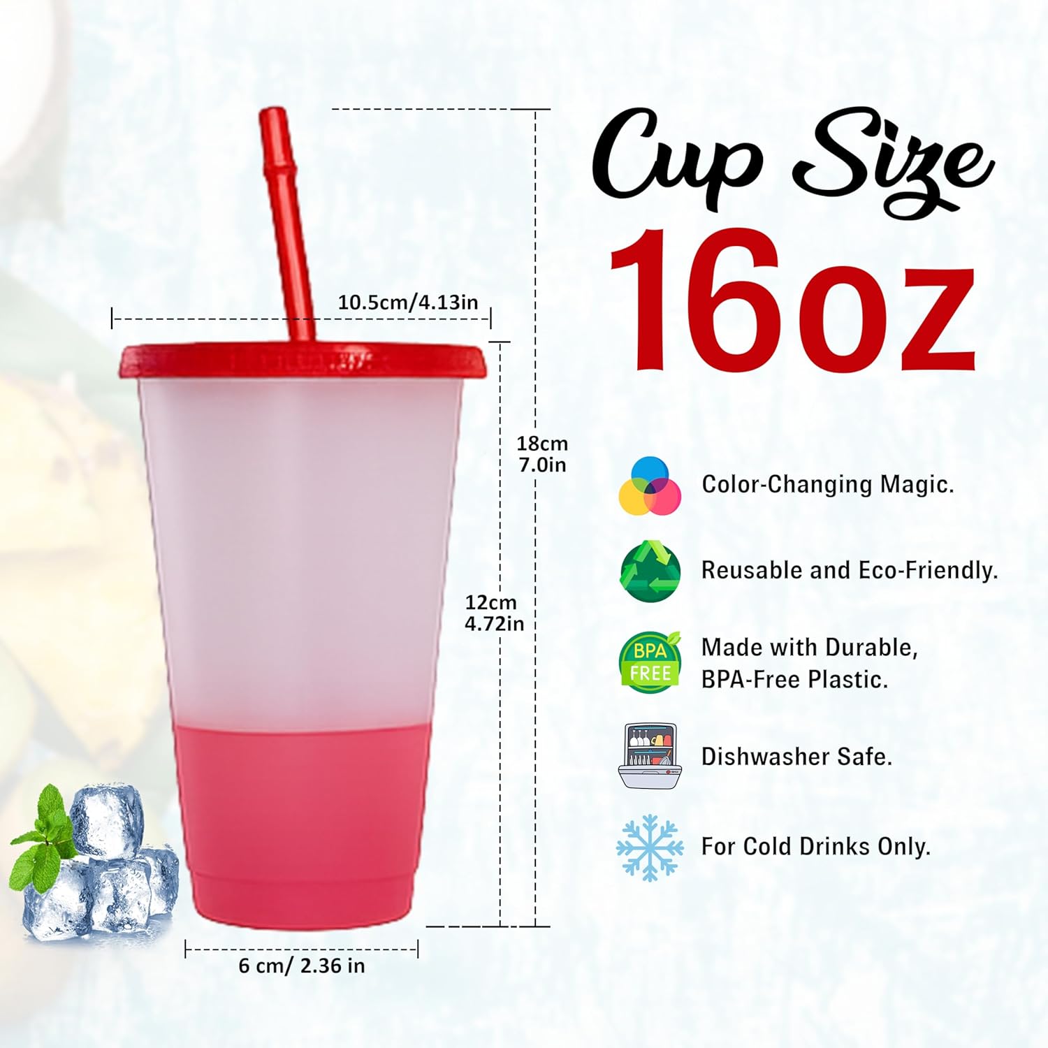 10pcs 16oz Color Changing Cups with Lids and Straws, Color Changing Tumbler, Reusable Cups with Lids in Multicolors Perfect for Cold Drinks, Cold Coffee, Smoothie etc