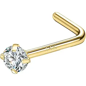 14K Solid Gold Nose Studs Rings 20g 18g, Moissanite Corkscrew L Shaped Nose Rings, Hypoallergenic 18 20 Gauge Nose Ring Piercing for Women Wen Gifts - 2mm 2.5mm 3mm Moissanite