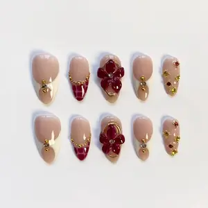 3D Blooming Flower Nails/White French Press on Nails Long almond nails