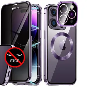 Privacy Case for IPhone 16 15 14 13 Pro Max, Suitable for Magsafe Metal Bumper Screen Protector with Camera Lens Protection