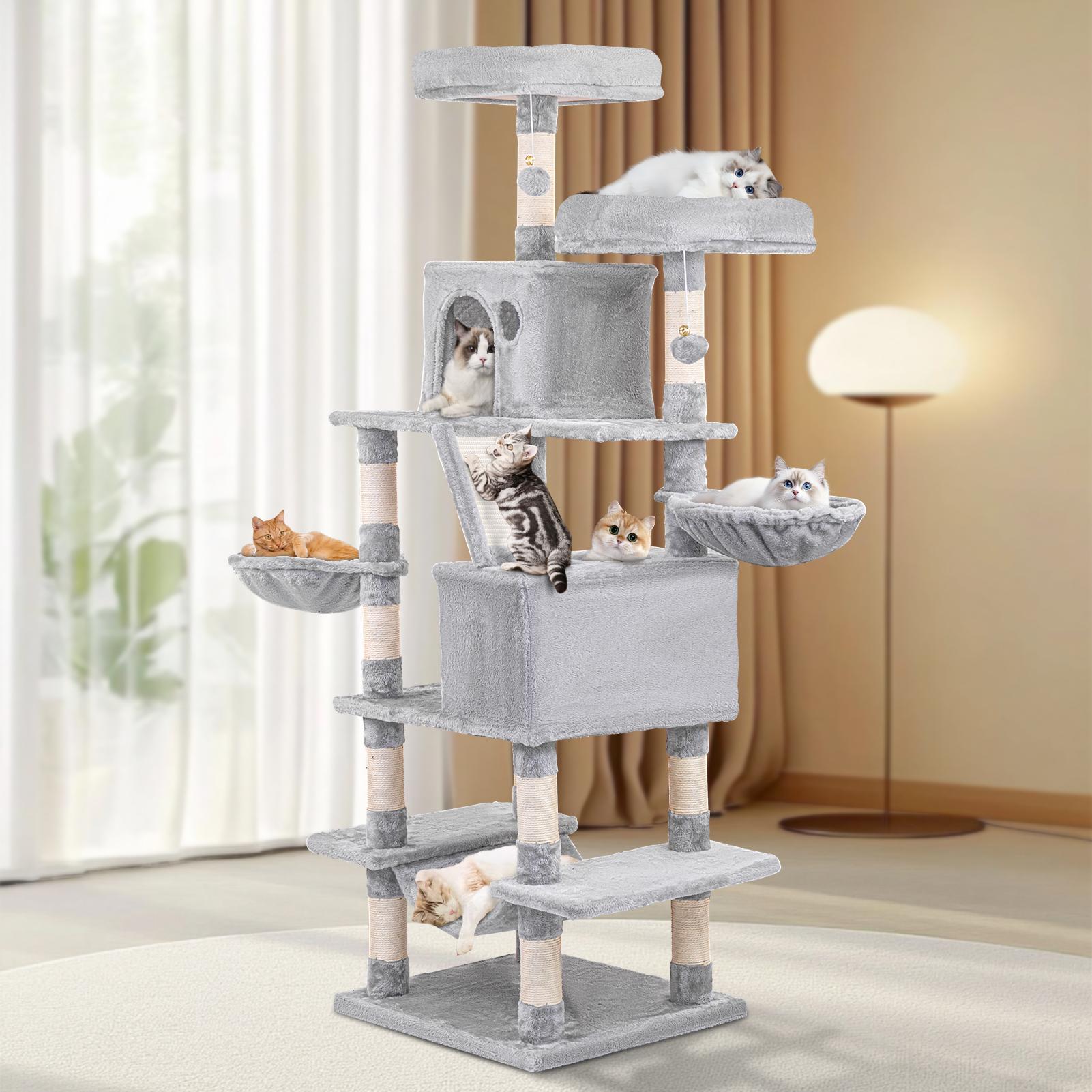 Cat Tree, 67-Inch Tall Tower for Indoor Cats with 2 Perches,2Big Condos, 2 Hammocks, Basket, Scratching Pad, LargeCatFurniture and Condo, Light Gray