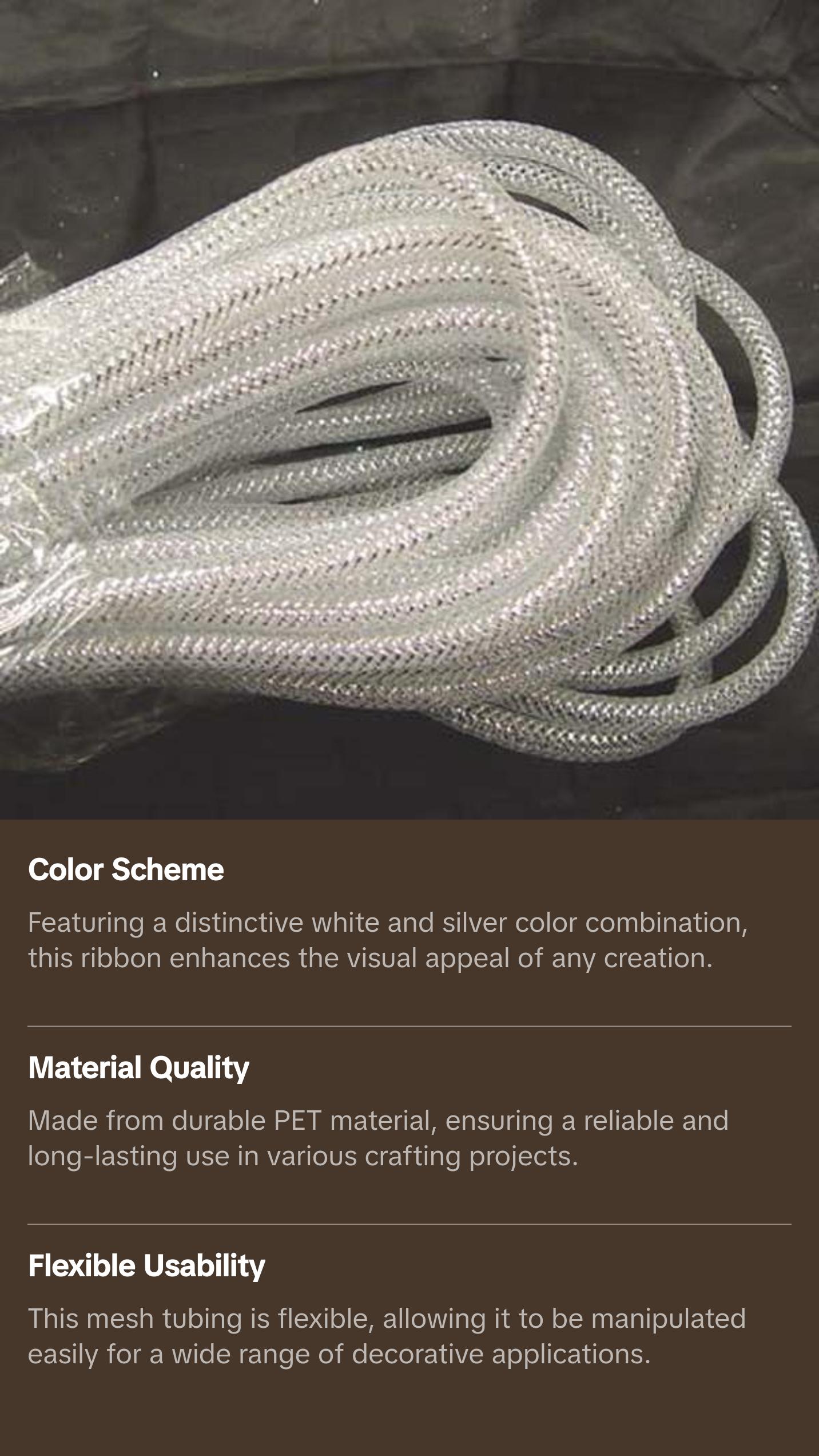 White Silver Foil Deco Flex Mesh Tubular Ribbon RE300440