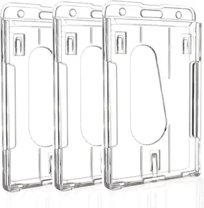 Hard Plastic Badge Holder Clear ID Badge Name Card Holder with Easy Access Thumb Slot, Transparent PC Case for Office School IDs, Driver's Licenses and Passes, Vertical Style, 3 Pack