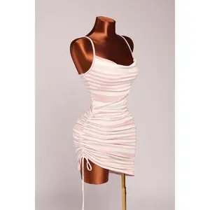 Pink Side Drawstring Asymmetrical Hem Casual Dress