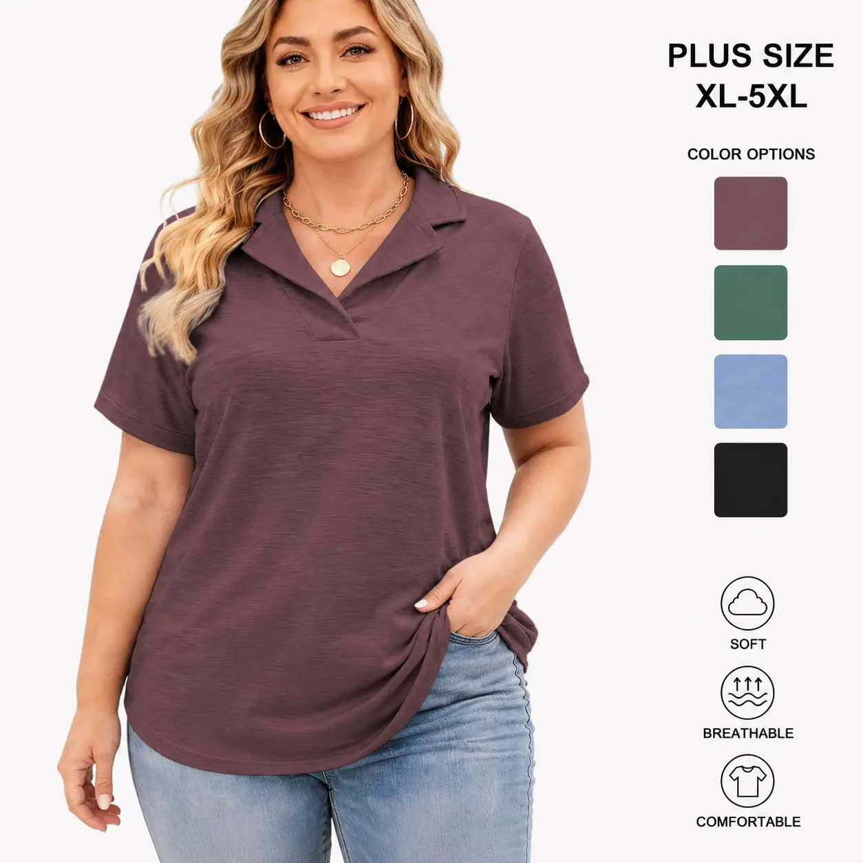 ROSRISS DPS1172 Women's Plus Size V-Neck Collared Polo Top - Smart Casual Short-Sleeve Loose-Fit Essential Fabric Tunic Blouse for Summer, Flat-Paired with Joggers