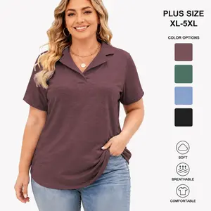 ROSRISS DPS1172 Women's Plus Size V-Neck Collared Polo Top - Smart Casual Short-Sleeve Loose-Fit Essential Fabric Tunic Blouse for Summer, Flat-Paired with Joggers