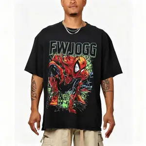 Retro Superhero Character Graphic Acid Washed Black Tee Casual Oversized Short Sleeve Top Classic Comic Figure Print Streetwear Daily Holiday Fashion Comfort Soft Loose Fit Summer Casual T Shirt For Men