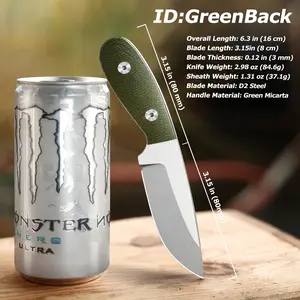 #FathersdayGift -Greenback — D2 Steel Compact Fixed Blade Knife,6.3" Fixed Blade Knife with Sheath, Hunting Knife with Micarta Handle,Camping Fixed Blade Small EDC Knives for Hiking,Survival,gift#TikTokShopBlackFriday#TikTokShopCyberMonday outdoorf