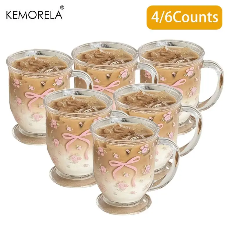 Flower & Bow Pattern Durable Glass Cup, 4/6 Counts 450ML Reusable Glass Cup, Stylish Glass Cups, Drink Glasses, Glass Beverage Cups, Drinking Cup for Milk, Coffee, Juice, Drinkware for Home Office Use, Drinking Glassware