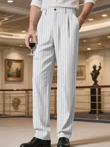 Men's Vintage Striped Pants, Spring & Fall Linen Loose Breathable Casual Stripe Design Suit Long Pants, Fitted Plain Style, Casual Travel Slacks, Casual Straight Leg