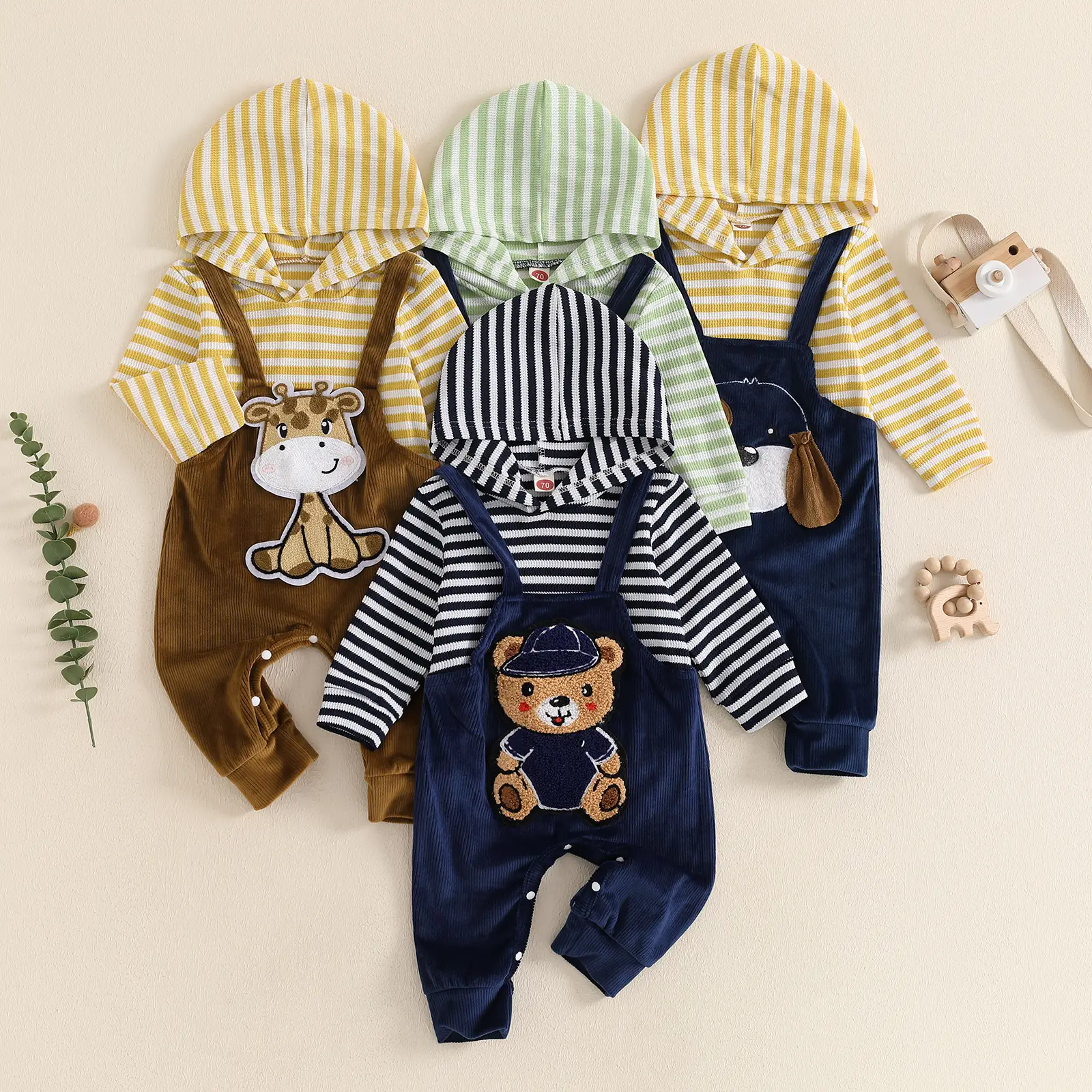 Baby Boy Hooded Romper For Newborn Casual Bear Embroidery Striped Long Sleeve Sweatshirt Jumpsuit for Infant Toddler Fall Outfit