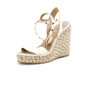 Pre-owned Valentino Garavani Women's Rockstud Ankle Strap Double Wedge Sandals Leather by Rebag