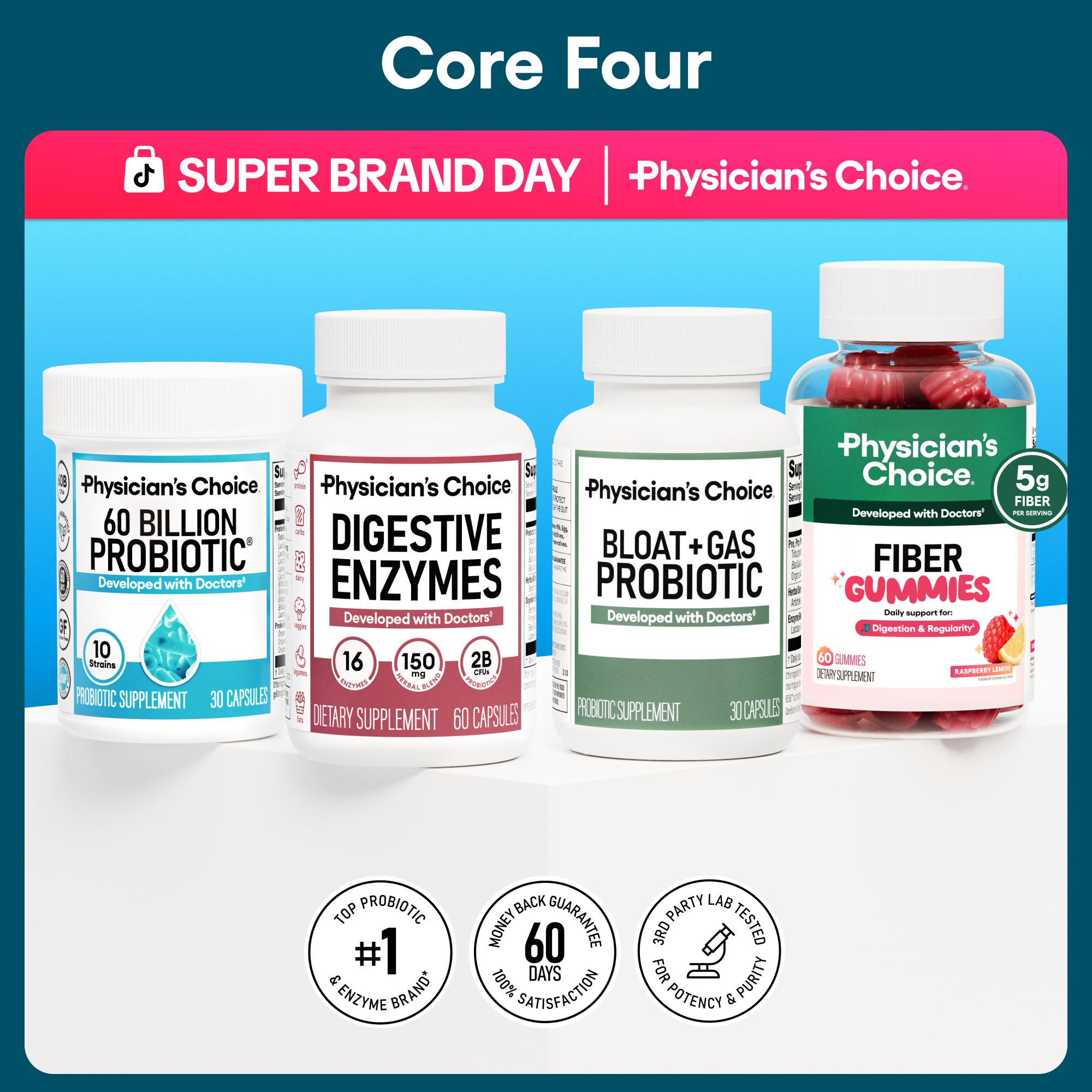 Physician's Choice Core 4 Bundle: Advanced Gut Health Support with Fiber Gummies + 60 Billion Probiotic + Digestive Enzymes + Bloat & Gas Probiotic