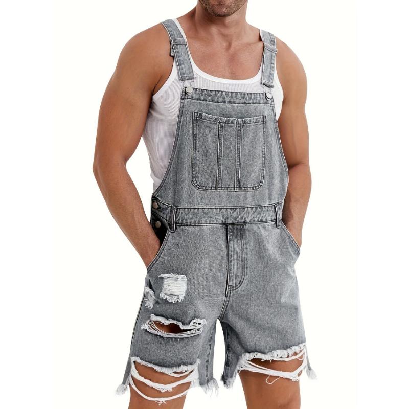Mens Loose Fit Denim Romper Shorts - Stylish Bib Overall Design, Casual Walkshorts with Button Pockets, Comfortable Summer Jumpsuit for Outdoor Activities Perfect Vacation, Beach, or Daily Wear Cotton Menswear