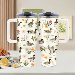 Duck, 40oz tumbler with handle, Summer Ice Stainless Steel Vacuum Insulated Travel Mug, floral watercolor design, Duck Lover Gift, for camping and picnic, Water Bottle, Tumbler Gift for Women and Men, iced coffee cup, Travel Mug