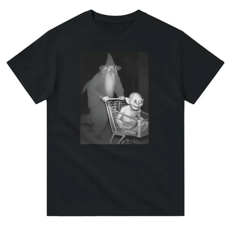 Wizard Pushing a Goblin into a Shopping Cart at Night - Fantasy Graphic Tee - Shortsleeve Crewneck Streetwear Menswear Top Underwear Tshirt