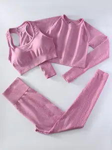 Women's Seamless Fitness Set, 3 Piece Workout, Removable Pad Vest Top, Long Sleeve Running Pants, Yoga Sportswear, Fitness Clothes, Activewear Fitness