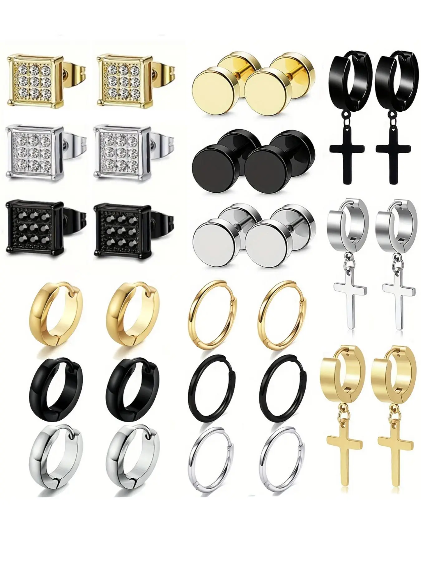 15 Pairs of Men's Stainless Steel Anti Tarnish Earrings, Earring Pack, Synthetic Zircon Ear Studs, Stylish Men's Pierced Jewelry for Everyday Wear, High Quality Earrings, Fashionable Earrings, Studded Cross Earrings, Trendy Jewelry