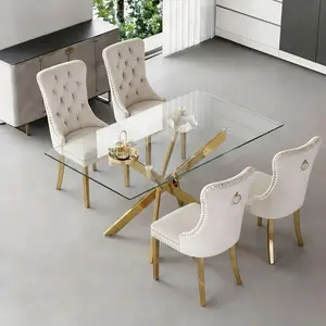 59.06" Transparent Glass Dining Table for 4, Modern Rectangular Dining Table,.Transparent Tempered Glass Tabletop,Velvet Upholstered Chairs,Golden Stainless Steel Plating Legs,Easy To Clean Sturdy,Suitable for Dining Room, Office, Kitchen