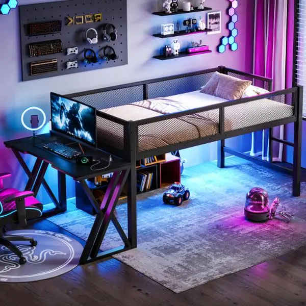 Black Metal Twin XL Gaming Loft Bed - Industrial Look, Stable Staircase Frame, Desk, X-Legs, LED Lights, USB Ports, Mesh Guardrail, Assembly Required - Space-Saving Elevated Bed for Teens (Gaming Rooms, Studying)