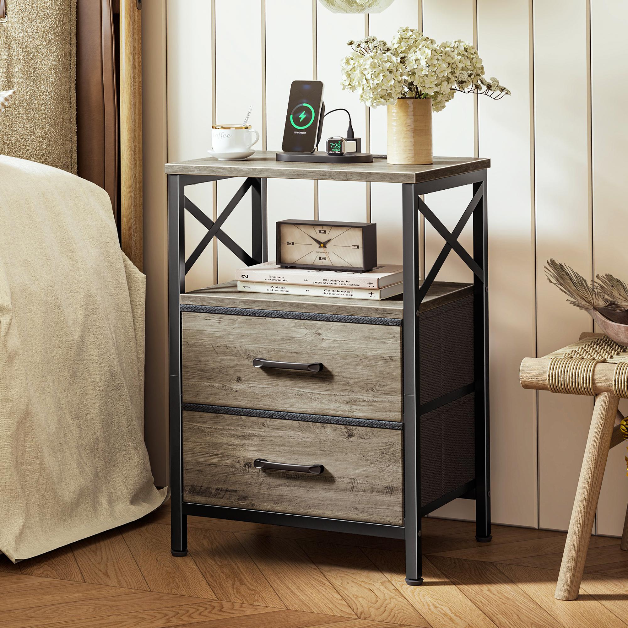 Huuger Night Stand with Charger Station, 2 Drawer Nightstand with Open Shelf, Bed Side Table with USB-C Port, End Table, Compact Size for Small Spaces, X Shaped Side Rail