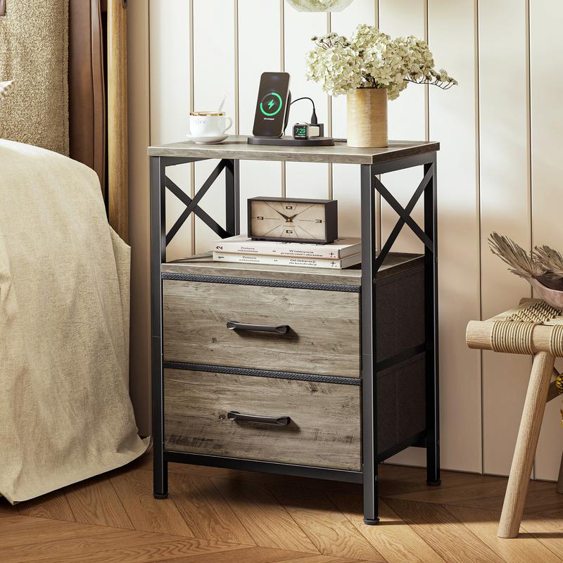 Huuger Night Stand with Charger Station, 2 Drawer Nightstand with Open Shelf, Bed Side Table with USB-C Port, End Table, Compact Size for Small Spaces, X Shaped Side Rail