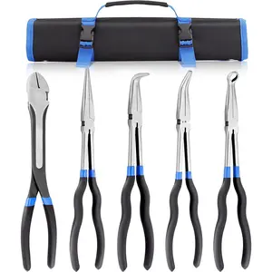 5-Piece 11 Inch Long Needle Nose Pliers Set, Extra Long Reach Pliers Set, 45 °   &90 °     Bent Needle Nose Pliers, Circle Nose and Diagonal Pliers for Narrow Spaces and Limited Areas