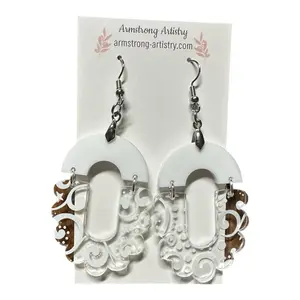 Scalloped White Dangle Earrings, Acrylic Bridal Earrings with Decorative Elements woman earring