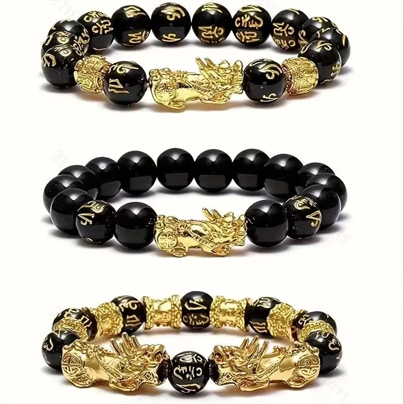 Feng Shui 3-Piece Wealth-Attracting Bracelet Set with Mysterious Eastern Pixiu Design for Men & Women Black Beads for Good Luck & Prosperity