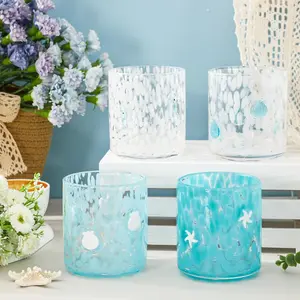 4Pcs Summer Ocean Icon Juice Glass 14 Oz Wine Glass Blue White Seashell Seahorse Starfish Stemless Cocktail Drinking Cups for Summer Coastal Beach Party Favors