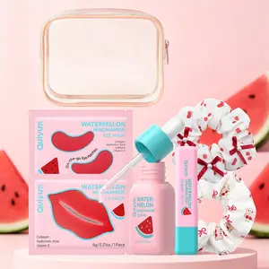 Travel Essentials Kit-QUIYM 8Pcs Watermelon Niacinamide Skincare Set with Serum,  Eye/Lip Masks & Lip Balm & Waterproof Clear Bag