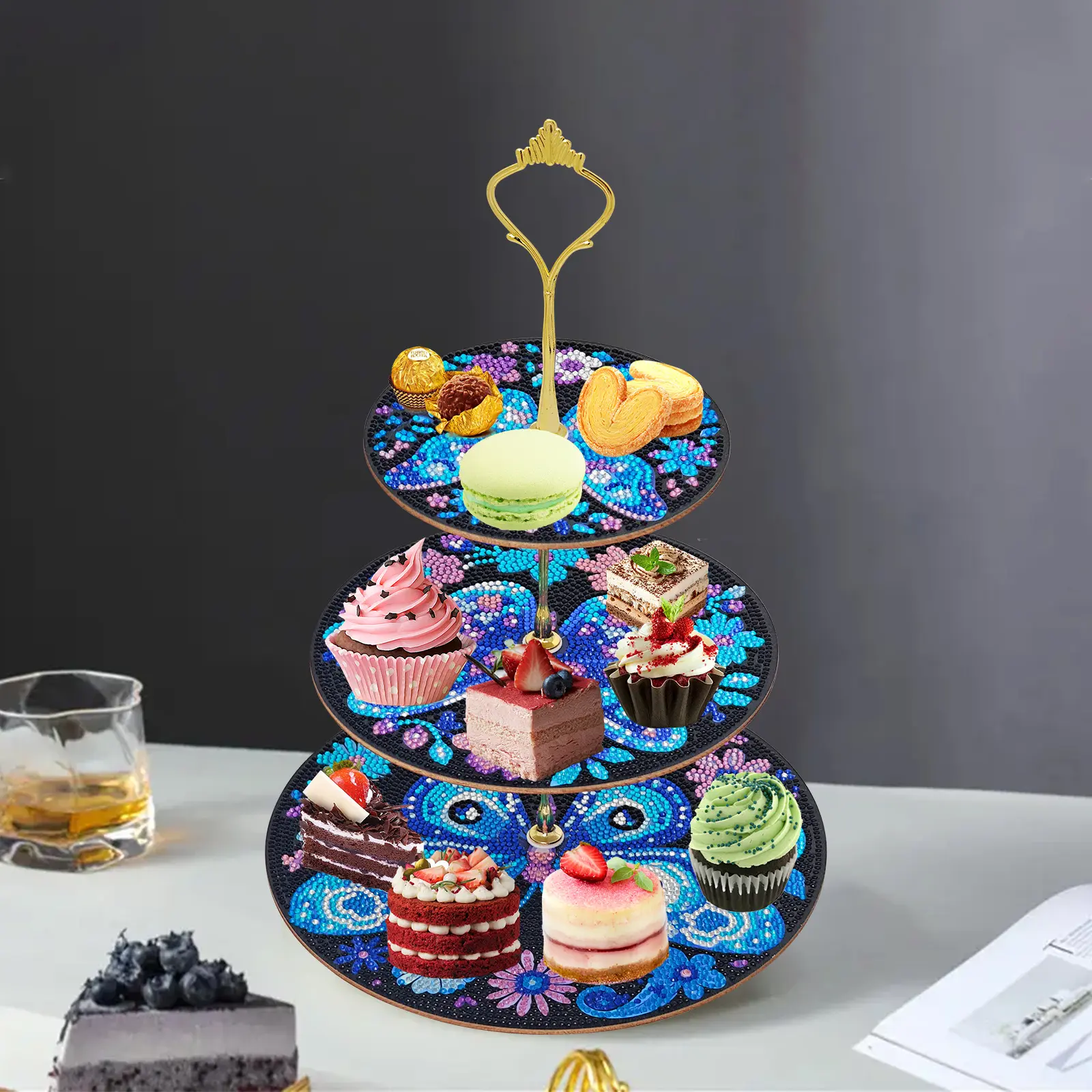 DIY Diamond Art 3-Tier Multi-Tiered Tray with Blue Butterfly & Floral Design - Dessert Serving Stand for Cupcakes, Pastries, Birthday & Afternoon Tea Displays