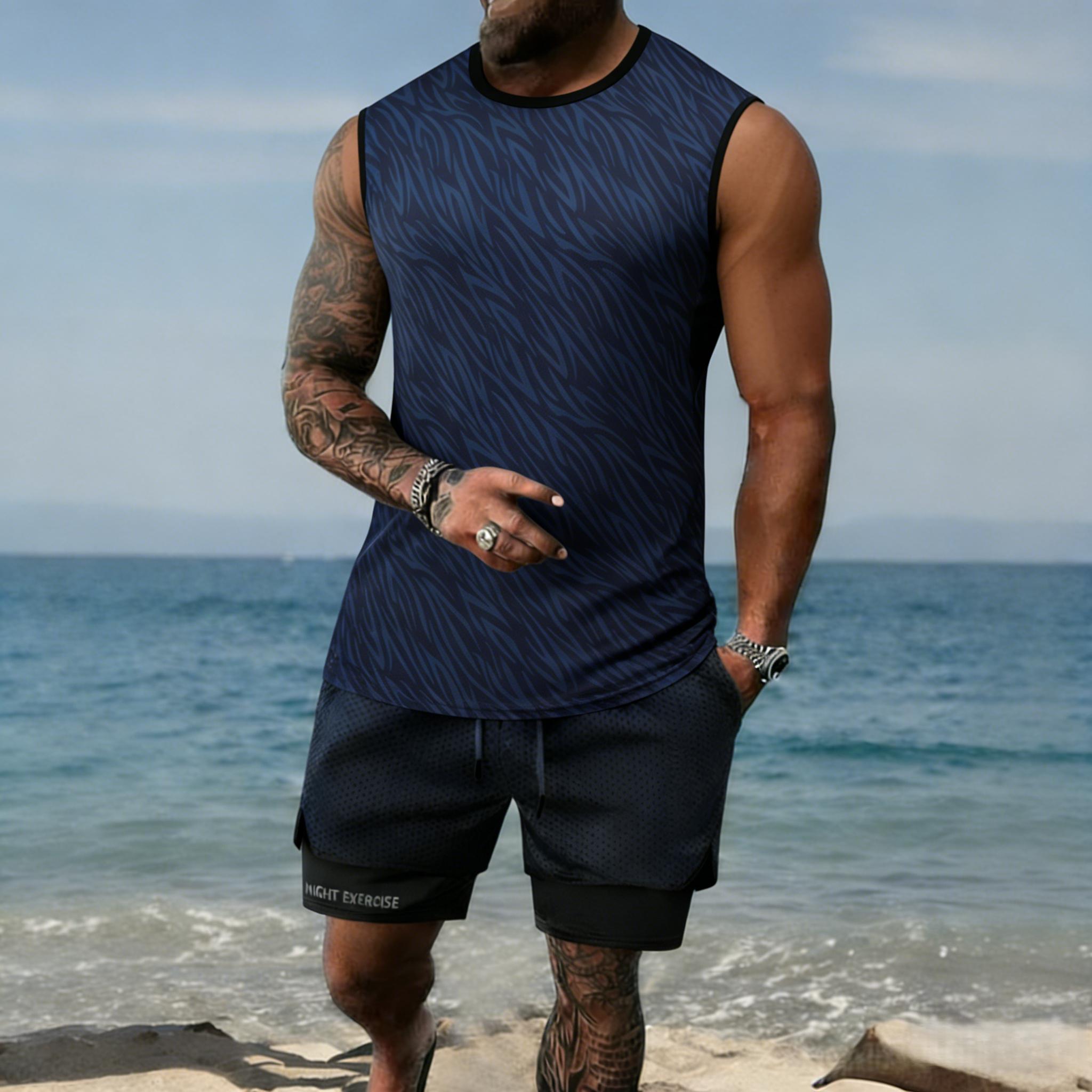 Men’s printed tank top and shorts set, regular fit casual quick-dry sweat-wicking breathable sleeveless top with shorts combo, summer men’s apparel set