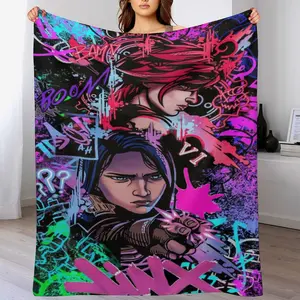 "Arcane" Jinx & Vi Graffiti Flannel Blanket — A Soft, Casual Throw. An Edgy, Neon-Punk Style Fleece Blanket Featuring Game Characters—A Unique Gift for Fans with an Aesthetic Sensibility. A Comfortable, Warm Throw Blanket for Sofas and Beds.