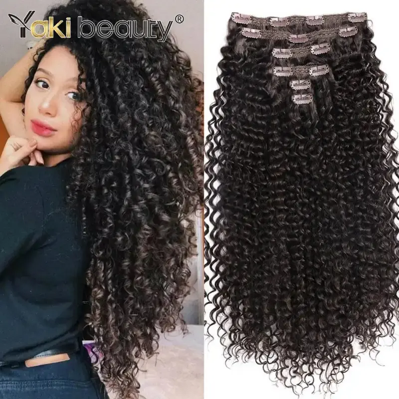 26'' Synthetic Jerry Curly Hair Extensions Double Weft 6PCS/Set Clip-In Full Head Organic Ice Silk Hairpiece Black/Brown 160g