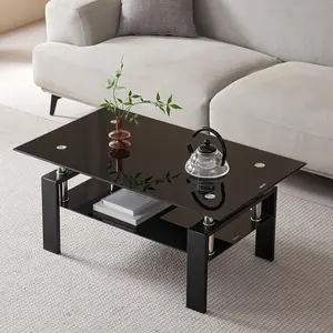 Rectangle Coffee Table,  Tempered Glass Coffee Table,  Modern Side Center Tables for Living Room, Office, Living Room Furniture, Black