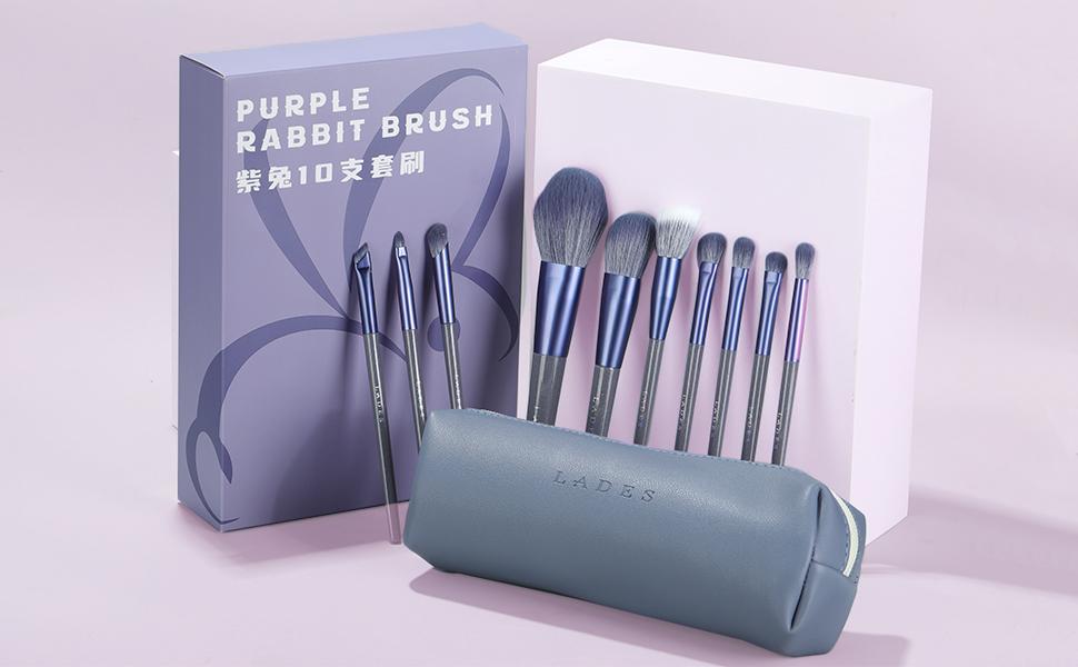 LADES Purple Rabbit MSQ Sub-Brand Makeup Brush Set with 10 Pieces and Gray Case for Professional Application