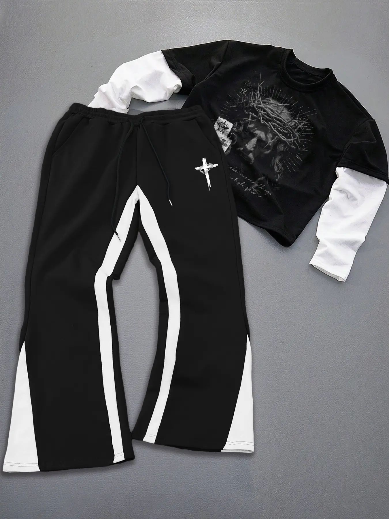 Men's Street Style & Patchwork Long Sleeve T-Shirt Set, Jesus Print, Side Straps Design, Fall Winter