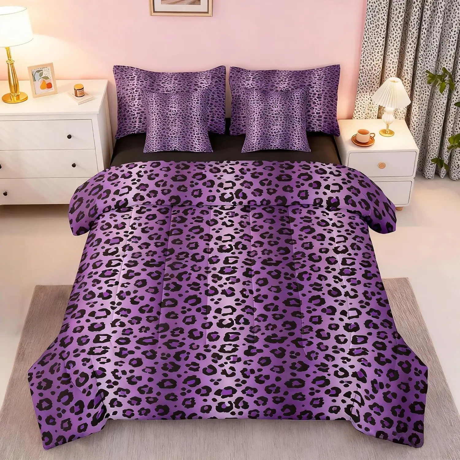 Purple Black Cheetah 7 Piece Bedding Set,Leopard Safari Animal Fur Print Bedding Sets with Quilted Comforter,Flat Sheet,Fitted Sheet,Pillowcases,Pillow Covers