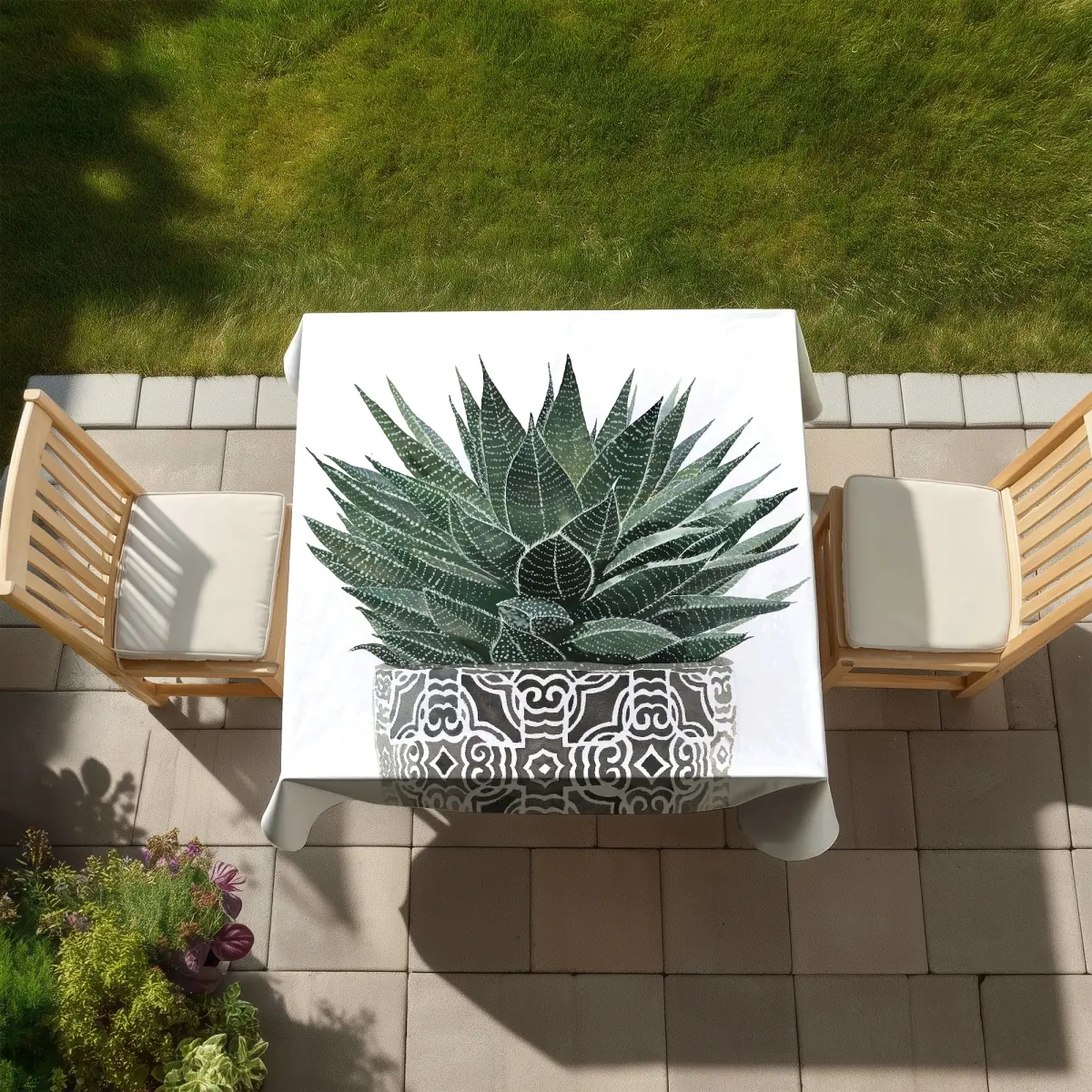 360 stand 58x58 in Water Resistant Bohemian Tablecloth - White Zebra Succulent Design, Indoor/Outdoor Patio Home Decor, Patio/Garden, 58 X 58 In, Casual Meal, Zebra Plant Succulent, Botanical, Mildew Proof, Elegant, All Seasons