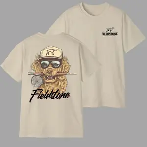 Fieldstone Fishing Dog T-shirt – Outdoor Graphic Tee with Sunglasses Reflection, Sporting Lifestyle Shirt for Men, Cotton Casual Top, Menswear Streetwear Top, Men's T-shirt
