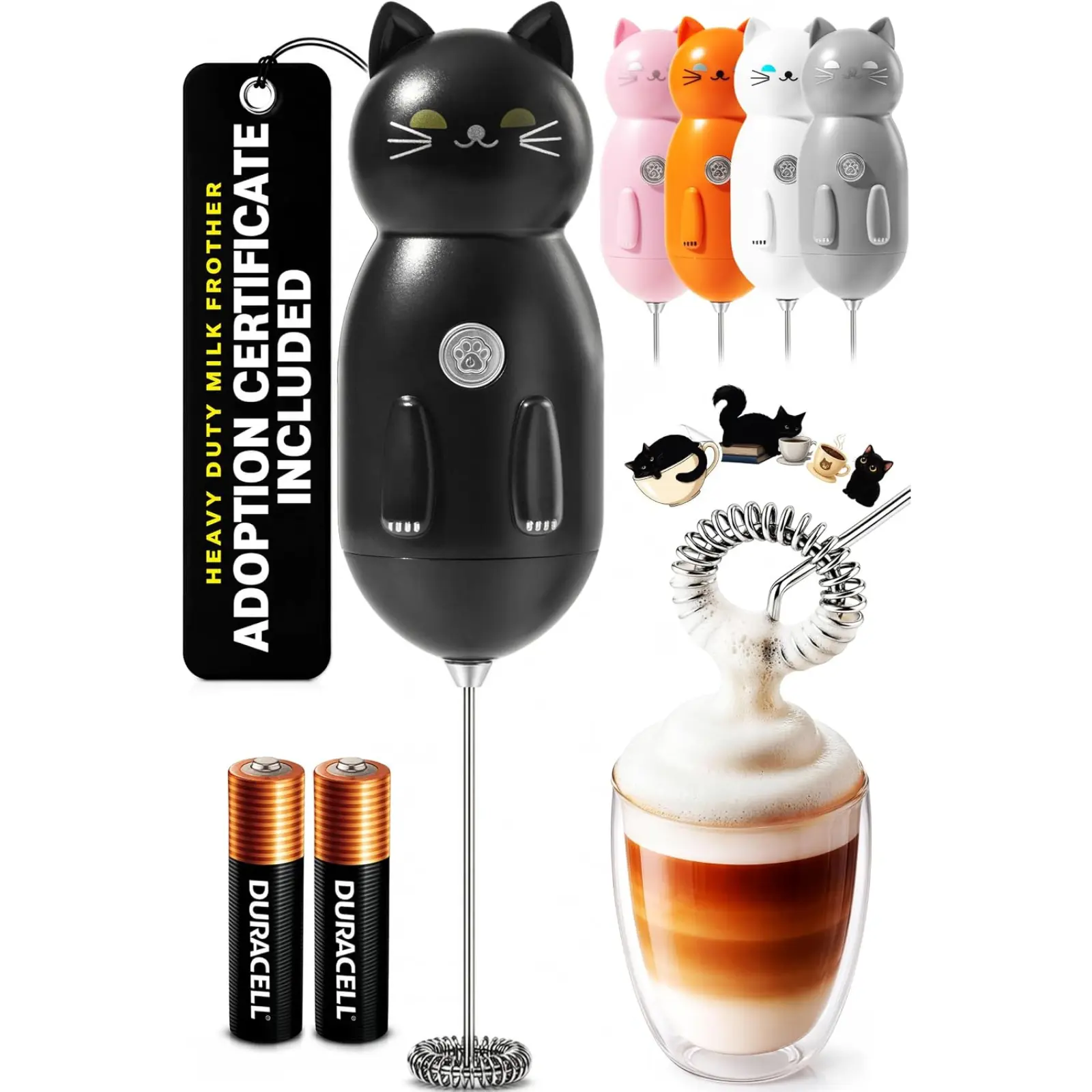 ZULAY Cat Milk Frother with Lifetime Warranty and Adoption Certificate - Heavy Duty Milk Frother for Coffee Lovers