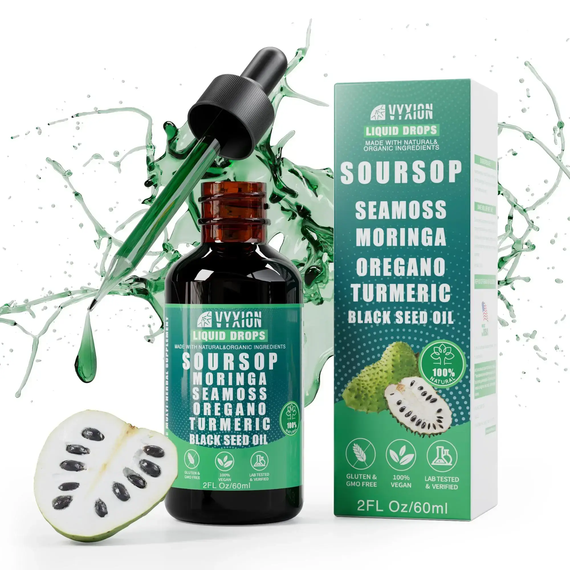 VYXION Pure Soursop 10 in 1 Liquid Drops Extract - Seamoss,Moringa,Black Seed Oil,Turmeric,Oregano Liquid Drops for Immune System and Gut Health Support