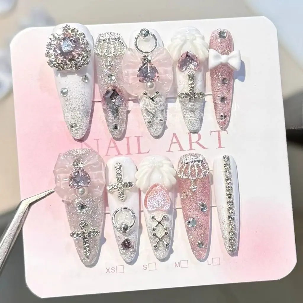 Pink Jirai Kei Long Tip Handmade Press On Nails Y2K Anime Gyaru Nail Art Cute 3D Cross Bow Heart Diamond Glitter Fake Nails