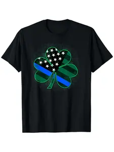 Thin Blue Line St. Patrick's Day Shamrock T-Shirt – Unisex Black Cotton Tee with Patriotic Four-Leaf Clover Design Soft & Comfortable Perfect Gift for Men Women Mom Dad and Friends