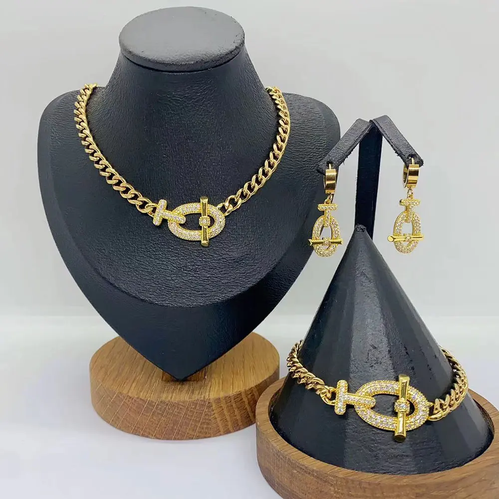 Stainless Steel Inlaid Crystal Rhinestone Pig Nose Shape Necklace Earrings Bracelet 3pcs Jewelry Gift